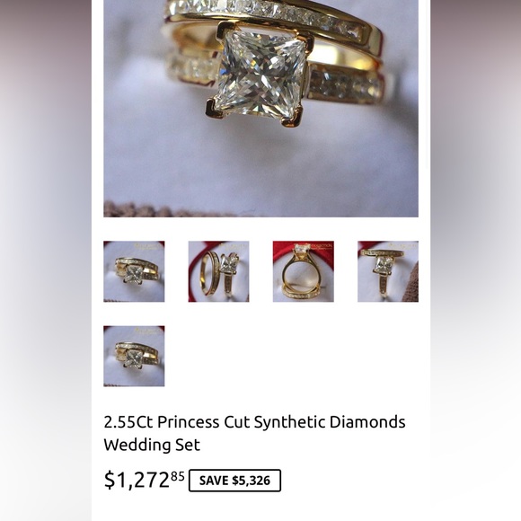2Ct Princess Cut Diamond Ring Solid 925 Sterling Silver Ring Golden Color Luxury